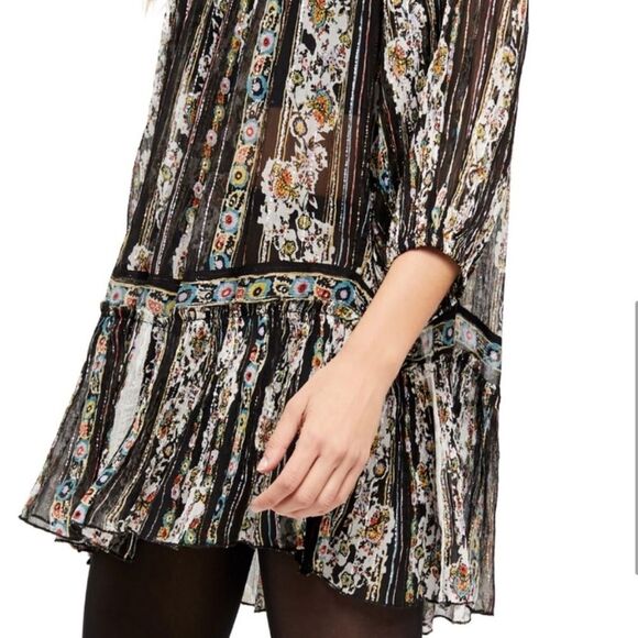 Free People Dance Magic Mini Dress Metallic Stripe Embroidery Black Sheer Small - Picture 3 of 11